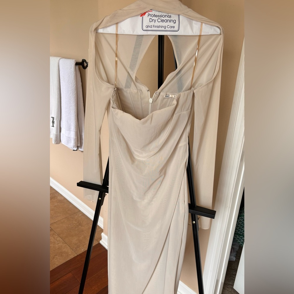 House of CB Nude Beige Midi Dress with Sheer Long Sleeves